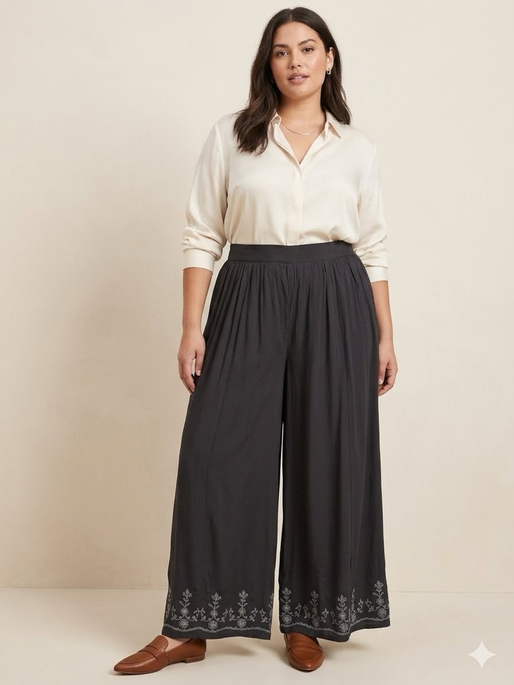 April Cornell Wide Leg Embroidered Hem Pants